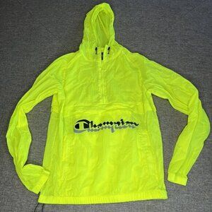 Champion Windbreaker Jacket Medium Neon Yellow Hooded Mesh Lined Vented Nylon